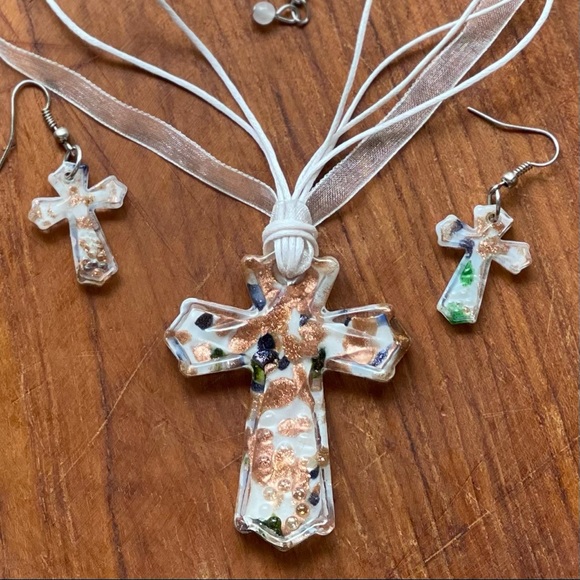 Fused Glass Cross Jewelry Set -Necklace & Earrings - Picture 2 of 12